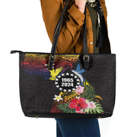 Cook Islands Independence Day Leather Tote Bag Maroro and Kakaia with Hibiscus Flower Polynesian Pattern LT03 - Polynesian Pride