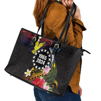 Cook Islands Independence Day Leather Tote Bag Maroro and Kakaia with Hibiscus Flower Polynesian Pattern LT03 - Polynesian Pride