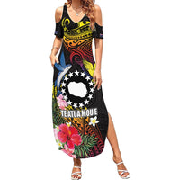 Cook Islands Independence Day Summer Maxi Dress Maroro and Kakaia with Hibiscus Flower Polynesian Pattern LT03 Women Black - Polynesian Pride