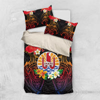 French Polynesia Bastille Day Bedding Set Tiare Flower and National Seal Polynesian Pattern LT03 US Twin 172cm x 218cm Black - Polynesian Pride