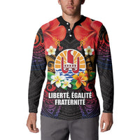 French Polynesia Bastille Day Button Sweatshirt Tiare Flower and National Seal Polynesian Pattern LT03 - Polynesian Pride