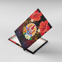 French Polynesia Bastille Day Canvas Wall Art Tiare Flower and National Seal Polynesian Pattern LT03 With Frame Black - Polynesian Pride