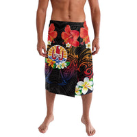 French Polynesia Bastille Day Lavalava Tiare Flower and National Seal Polynesian Pattern LT03 Black - Polynesian Pride
