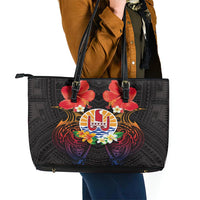 French Polynesia Bastille Day Leather Tote Bag Tiare Flower and National Seal Polynesian Pattern LT03 - Polynesian Pride
