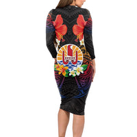 French Polynesia Bastille Day Long Sleeve Bodycon Dress Tiare Flower and National Seal Polynesian Pattern