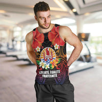 French Polynesia Bastille Day Men Tank Top Tiare Flower and National Seal Polynesian Pattern LT03 Black - Polynesian Pride