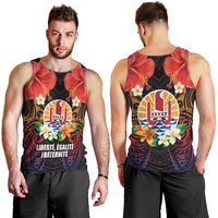French Polynesia Bastille Day Men Tank Top Tiare Flower and National Seal Polynesian Pattern LT03 - Polynesian Pride