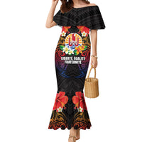 French Polynesia Bastille Day Mermaid Dress Tiare Flower and National Seal Polynesian Pattern