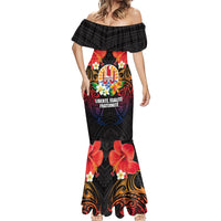 French Polynesia Bastille Day Mermaid Dress Tiare Flower and National Seal Polynesian Pattern