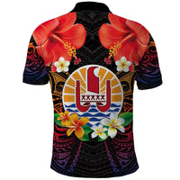 French Polynesia Bastille Day Polo Shirt Tiare Flower and National Seal Polynesian Pattern