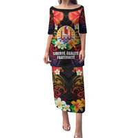 French Polynesia Bastille Day Puletasi Tiare Flower and National Seal Polynesian Pattern LT03 Long Dress Black - Polynesian Pride