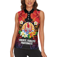 French Polynesia Bastille Day Women Sleeveless Polo Shirt Tiare Flower and National Seal Polynesian Pattern LT03 - Polynesian Pride