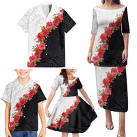 Hawaii Red Hibiscus Flowers Family Matching Puletasi and Hawaiian Shirt Polynesian Pattern With Half Black White Version LT03 - Polynesian Pride