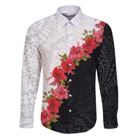 Hawaii Red Hibiscus Flowers Family Matching Puletasi and Hawaiian Shirt Polynesian Pattern With Half Black White Version LT03 Dad's Shirt - Long Sleeve Black - Polynesian Pride