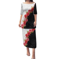 Hawaii Red Hibiscus Flowers Family Matching Puletasi and Hawaiian Shirt Polynesian Pattern With Half Black White Version LT03 Mom's Dress Black - Polynesian Pride