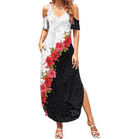 Hawaii Red Hibiscus Flowers Summer Maxi Dress Polynesian Pattern With Half Black White Version LT03 Women Black - Polynesian Pride