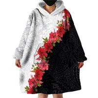 Hawaii Red Hibiscus Flowers Wearable Blanket Hoodie Polynesian Pattern With Half Black White Version LT03 - Polynesian Pride