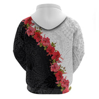 Hawaii Red Hibiscus Flowers Zip Hoodie Polynesian Pattern With Half Black White Version