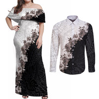 Hawaii Grayscale Hibiscus Flowers Couples Matching Off Shoulder Maxi Dress and Long Sleeve Button Shirt Polynesian Pattern With Half Black White Version
