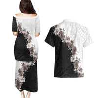 Hawaii Grayscale Hibiscus Flowers Couples Matching Puletasi and Hawaiian Shirt Polynesian Pattern With Half Black White Version