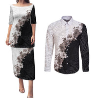 Hawaii Grayscale Hibiscus Flowers Couples Matching Puletasi and Long Sleeve Button Shirt Polynesian Pattern With Half Black White Version