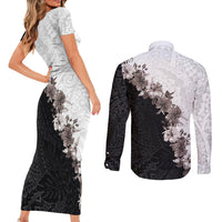 Hawaii Grayscale Hibiscus Flowers Couples Matching Short Sleeve Bodycon Dress and Long Sleeve Button Shirt Polynesian Pattern With Half Black White Version