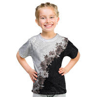 Hawaii Grayscale Hibiscus Flowers Kid T Shirt Polynesian Pattern With Half Black White Version