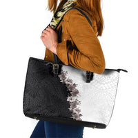 Hawaii Grayscale Hibiscus Flowers Leather Tote Bag Polynesian Pattern With Half Black White Version LT03 Black - Polynesian Pride