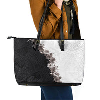 Hawaii Grayscale Hibiscus Flowers Leather Tote Bag Polynesian Pattern With Half Black White Version LT03 - Polynesian Pride
