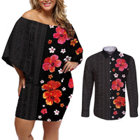 Hawaii Hibiscus and Plumeria Flowers Couples Matching Off Shoulder Short Dress and Long Sleeve Button Shirt Tapa Tribal Pattern Half Style Colorful Mode