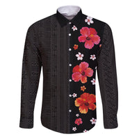 Hawaii Hibiscus and Plumeria Flowers Family Matching Off The Shoulder Long Sleeve Dress and Hawaiian Shirt Tapa Tribal Pattern Half Style Colorful Mode