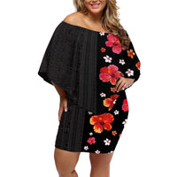 Hawaii Hibiscus and Plumeria Flowers Off Shoulder Short Dress Tapa Tribal Pattern Half Style Colorful Mode LT03 Women Black - Polynesian Pride