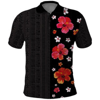 Hawaii Hibiscus and Plumeria Flowers Polo Shirt Tapa Tribal Pattern Half Style Colorful Mode LT03 Black - Polynesian Pride