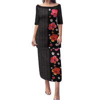 Hawaii Hibiscus and Plumeria Flowers Puletasi Tapa Tribal Pattern Half Style Colorful Mode LT03 Long Dress Black - Polynesian Pride