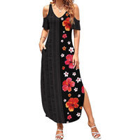 Hawaii Hibiscus and Plumeria Flowers Summer Maxi Dress Tapa Tribal Pattern Half Style Colorful Mode LT03 Women Black - Polynesian Pride