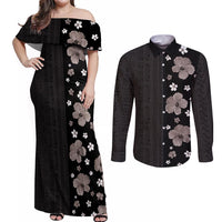 Hawaii Hibiscus and Plumeria Flowers Couples Matching Off Shoulder Maxi Dress and Long Sleeve Button Shirt Tapa Tribal Pattern Half Style Grayscale Mode