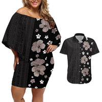 Hawaii Hibiscus and Plumeria Flowers Couples Matching Off Shoulder Short Dress and Hawaiian Shirt Tapa Tribal Pattern Half Style Grayscale Mode