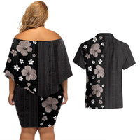 Hawaii Hibiscus and Plumeria Flowers Couples Matching Off Shoulder Short Dress and Hawaiian Shirt Tapa Tribal Pattern Half Style Grayscale Mode