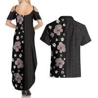 Hawaii Hibiscus and Plumeria Flowers Couples Matching Summer Maxi Dress and Hawaiian Shirt Tapa Tribal Pattern Half Style Grayscale Mode