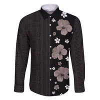 Hawaii Hibiscus and Plumeria Flowers Family Matching Off The Shoulder Long Sleeve Dress and Hawaiian Shirt Tapa Tribal Pattern Half Style Grayscale Mode