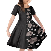 Hawaii Hibiscus and Plumeria Flowers Family Matching Off Shoulder Maxi Dress and Hawaiian Shirt Tapa Tribal Pattern Half Style Grayscale Mode