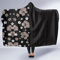 Hawaii Hibiscus and Plumeria Flowers Hooded Blanket Tapa Tribal Pattern Half Style Grayscale Mode LT03 One Size Black - Polynesian Pride