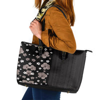 Hawaii Hibiscus and Plumeria Flowers Leather Tote Bag Tapa Tribal Pattern Half Style Grayscale Mode LT03 Black - Polynesian Pride