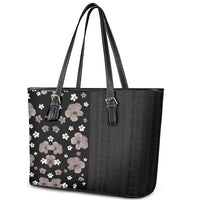Hawaii Hibiscus and Plumeria Flowers Leather Tote Bag Tapa Tribal Pattern Half Style Grayscale Mode LT03 - Polynesian Pride