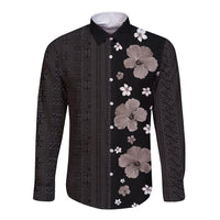 Hawaii Hibiscus and Plumeria Flowers Long Sleeve Button Shirt Tapa Tribal Pattern Half Style Grayscale Mode
