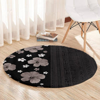 Hawaii Hibiscus and Plumeria Flowers Round Carpet Tapa Tribal Pattern Half Style Grayscale Mode