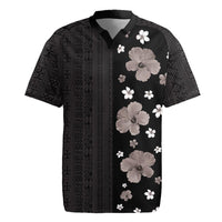 Hawaii Hibiscus and Plumeria Flowers Rugby Jersey Tapa Tribal Pattern Half Style Grayscale Mode LT03 Black - Polynesian Pride