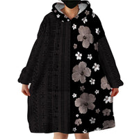 Hawaii Hibiscus and Plumeria Flowers Wearable Blanket Hoodie Tapa Tribal Pattern Half Style Grayscale Mode LT03 - Polynesian Pride