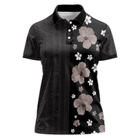 Hawaii Hibiscus and Plumeria Flowers Women Polo Shirt Tapa Tribal Pattern Half Style Grayscale Mode LT03 Female Black - Polynesian Pride