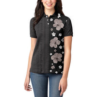 Hawaii Hibiscus and Plumeria Flowers Women Polo Shirt Tapa Tribal Pattern Half Style Grayscale Mode LT03 - Polynesian Pride